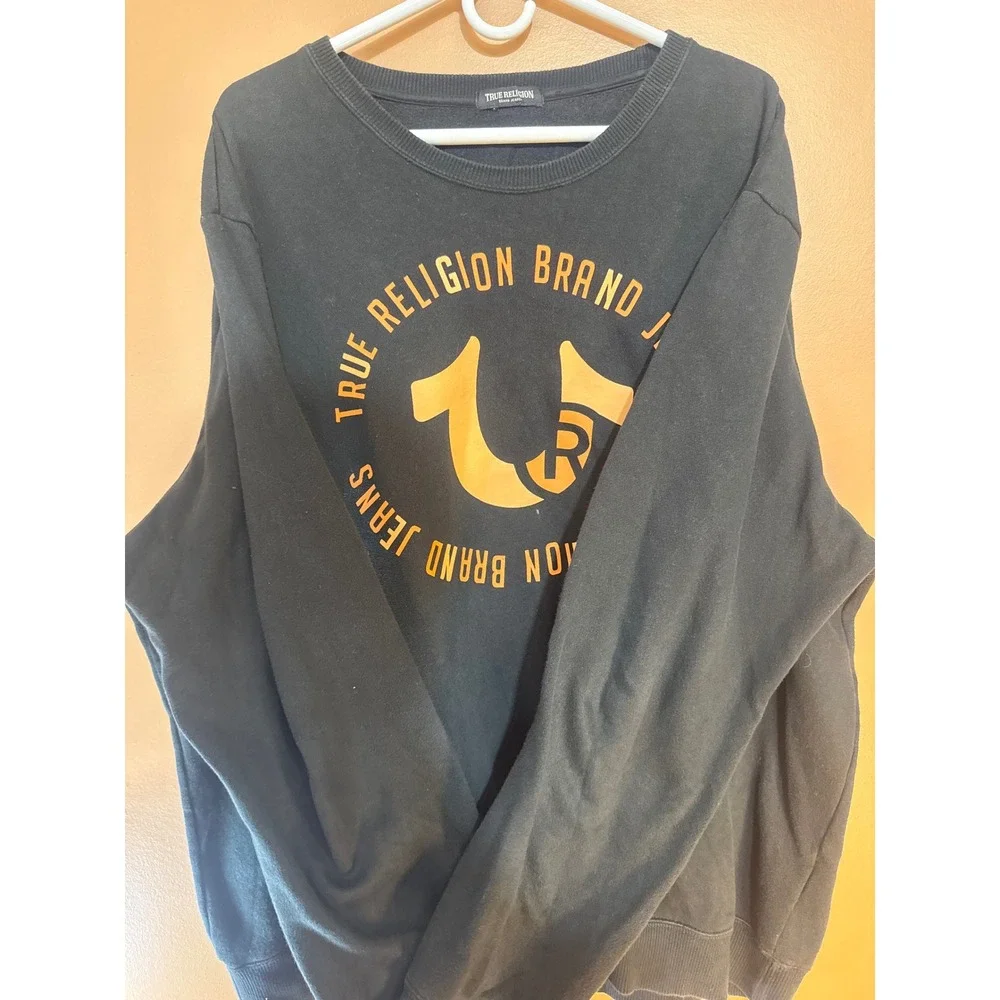 True Religion Mens Black Gold Horseshoe Logo Graphic Crewneck Sweatshirt 3XL
